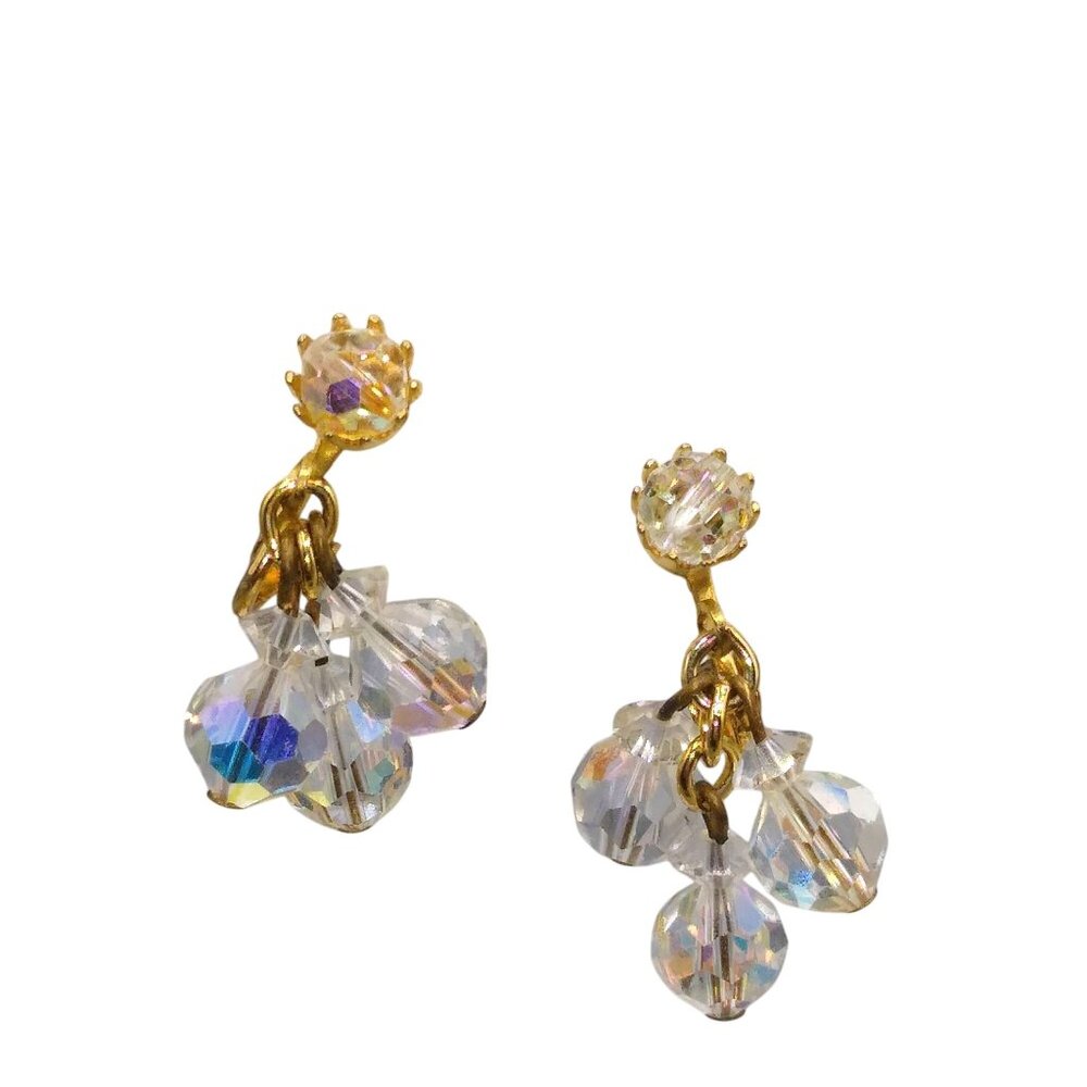 Vintage Rainbow AB Crystal Dangle Drop Earrings, Sparkly Faceted Glass Beads